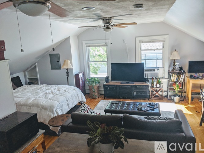A living room with a bed, a couch, a television, and a ceiling fan.