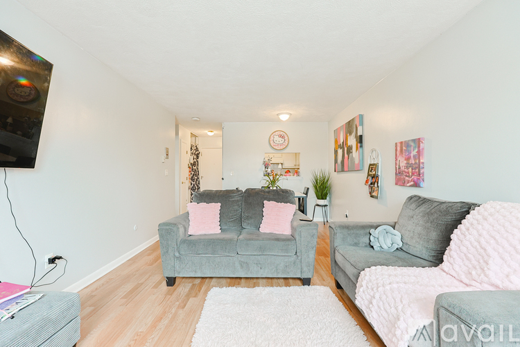 A living room with two grey couches and a white rug.