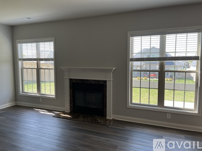 A living room with a fireplace and two windows.