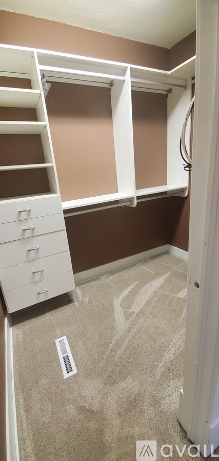 A room with a carpeted floor and a white closet with drawers.