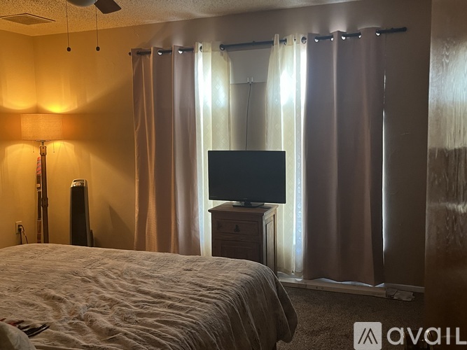A bedroom with a bed, a television, and a ceiling fan.