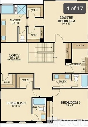 A floor plan of an apartment with four bedrooms and a laundry room.