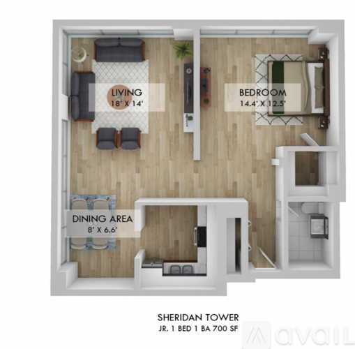 A floor plan of a one bedroom apartment in the Sheridan Tower.