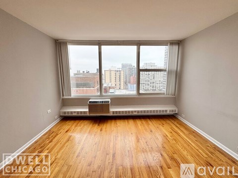 A floor plan of a one bedroom apartment in the Sheridan Tower.