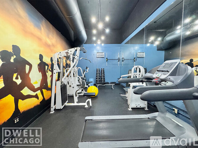A gym with a treadmill, weights, and exercise equipment.