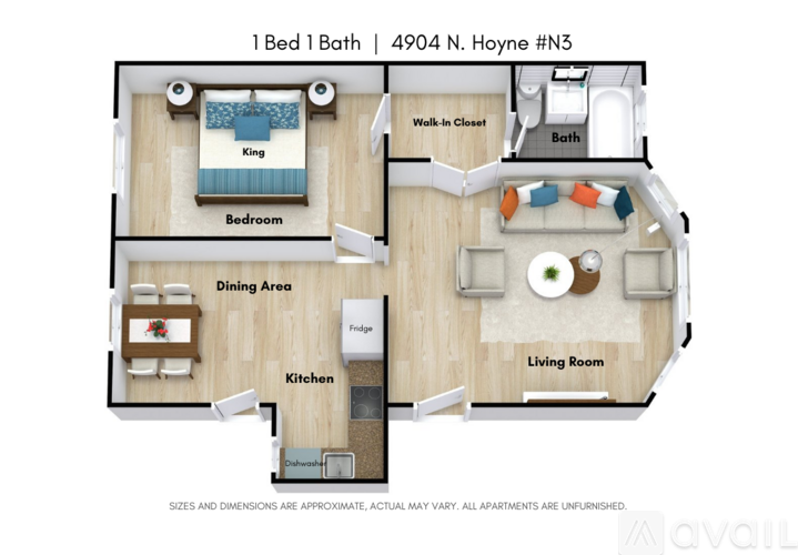 A floor plan of a 1 bedroom 1 bath apartment at 4904 N. Hoyne #N3.