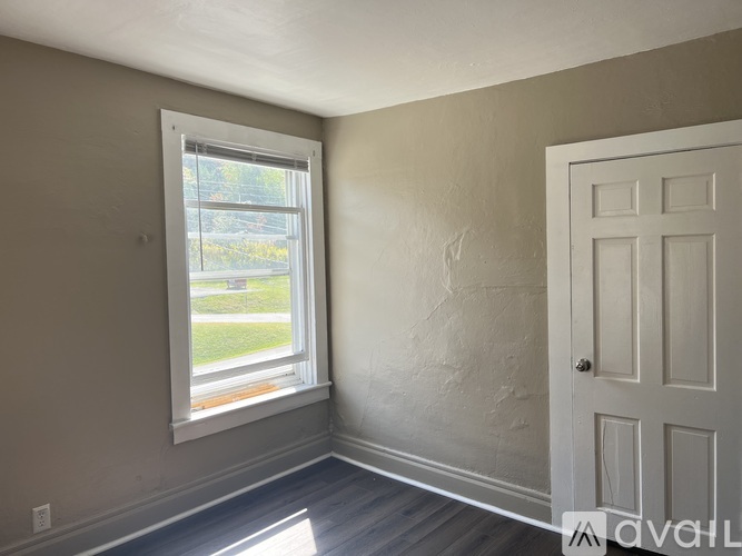 A room with a white door and a window with a view of a lawn and trees outside.