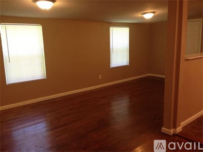 A room with wooden floors and two windows.