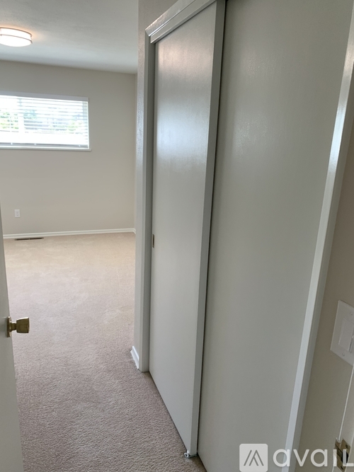 A room with a carpeted floor and a closed door.