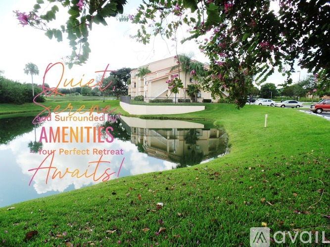 A serene and surrounded amenities sign is displayed in front of a building.