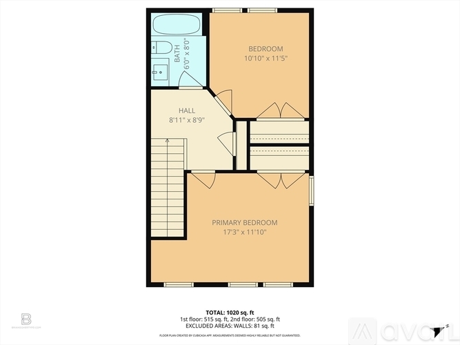 A floor plan of a home with a primary bedroom, a hallway, and a bathroom.