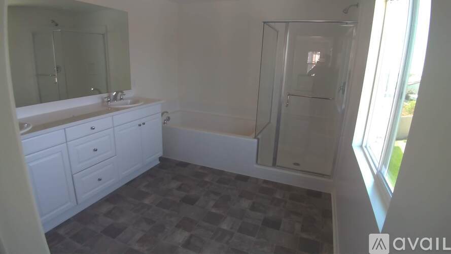 A bathroom with a walk-in shower and a sink.