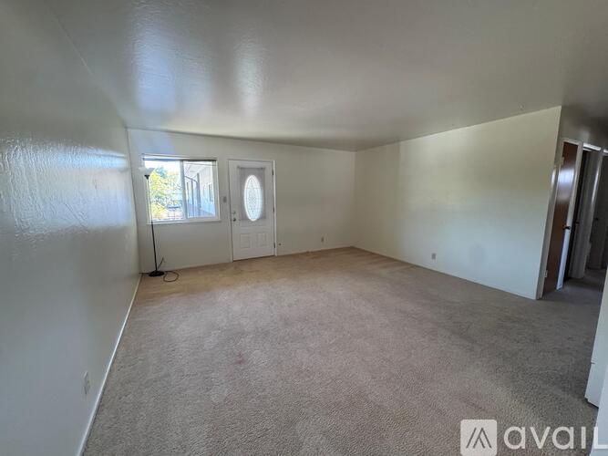 A room with a carpeted floor and a window with a view of trees.