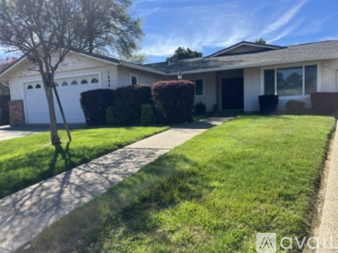 A house with a white garage door and a tree in front.