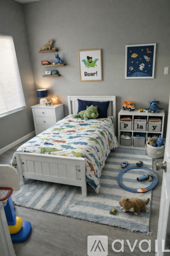 A child's bedroom with a white bed, a striped rug, and a small dog.