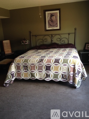 A bed with a patterned comforter is in the image.