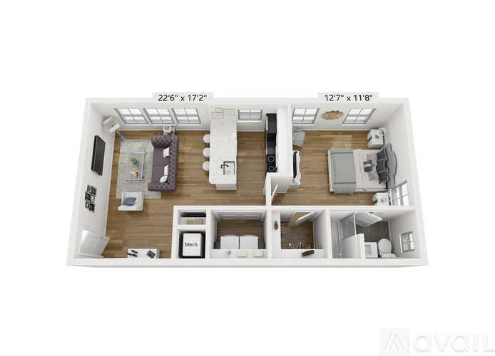 A floor plan of a two-bedroom apartment with dimensions 12'7" x 11'8".