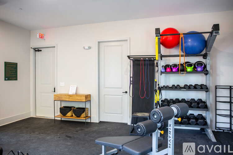 A gym room with a bench, weights, and exercise balls.