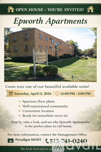 A flyer advertises an open house at Epworth Apartments on Saturday, April 11, 2026 from 12:00 PM to 2:00 PM.