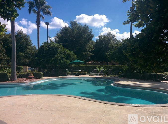 A pool surrounded by trees and bushes with a cloudy sky.