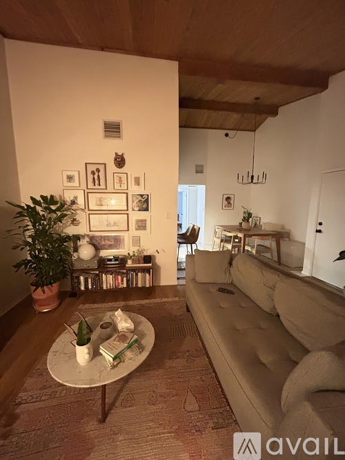 A living room with a couch, a coffee table, and a plant.