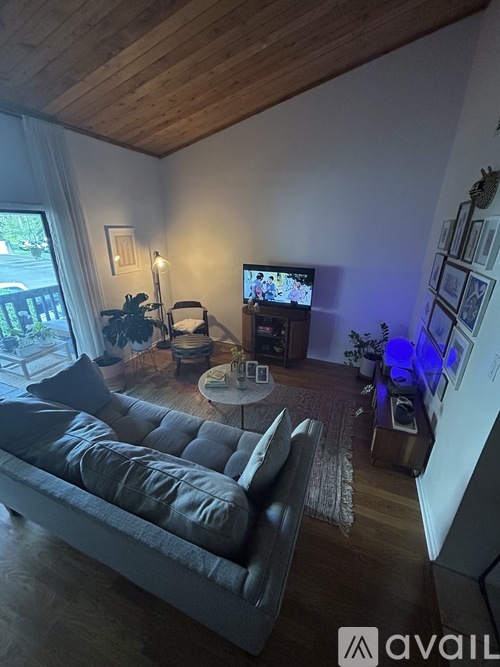 A living room with a grey couch and a television.
