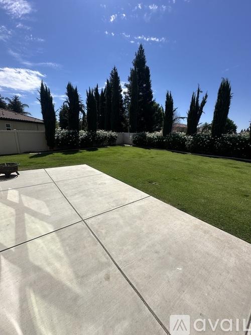 A concrete patio with a lawn and trees in the background.
