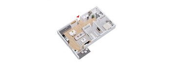 A 3D floor plan of a house with a kitchen, living room, and two bedrooms.