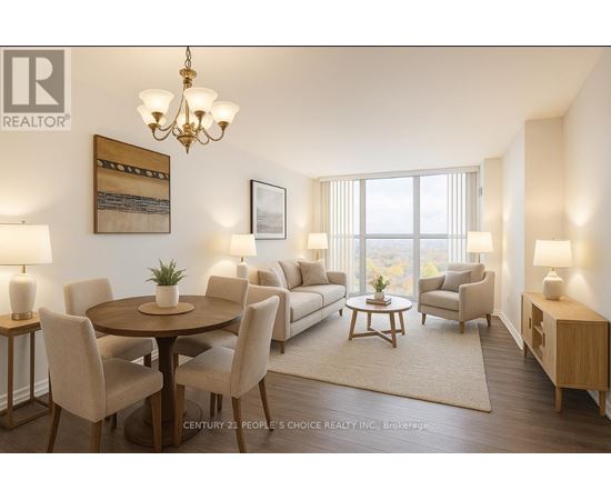 A well-lit living room with a dining table and chairs.