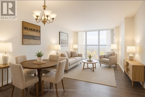 A well-lit living room with a dining table and chairs.