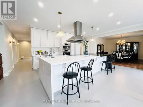 A modern kitchen with white cabinets and a large island.