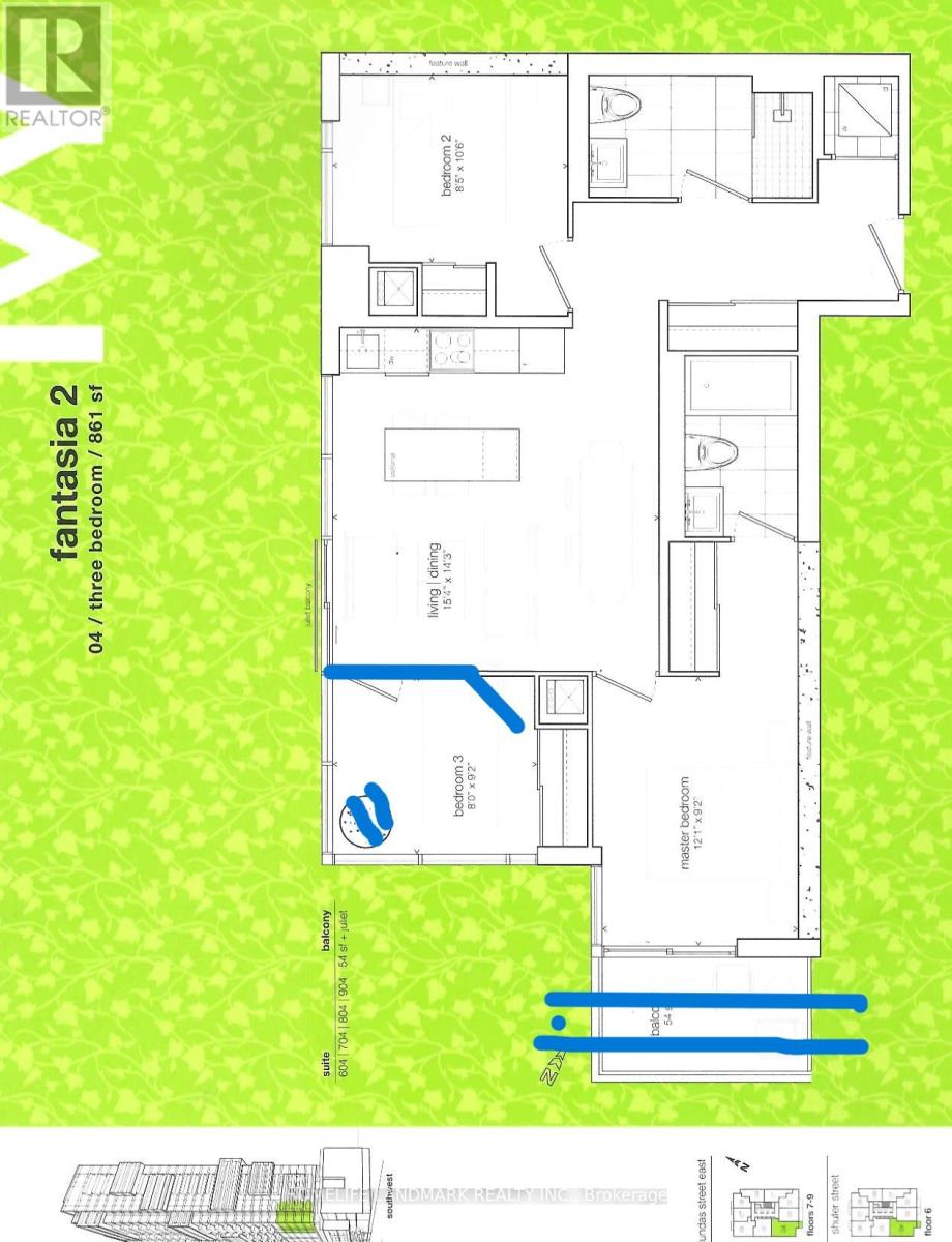 A floor plan of a property with a green background and a blue line indicating a swimming pool.