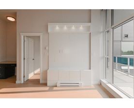 A white interior space with a large window and a white door.