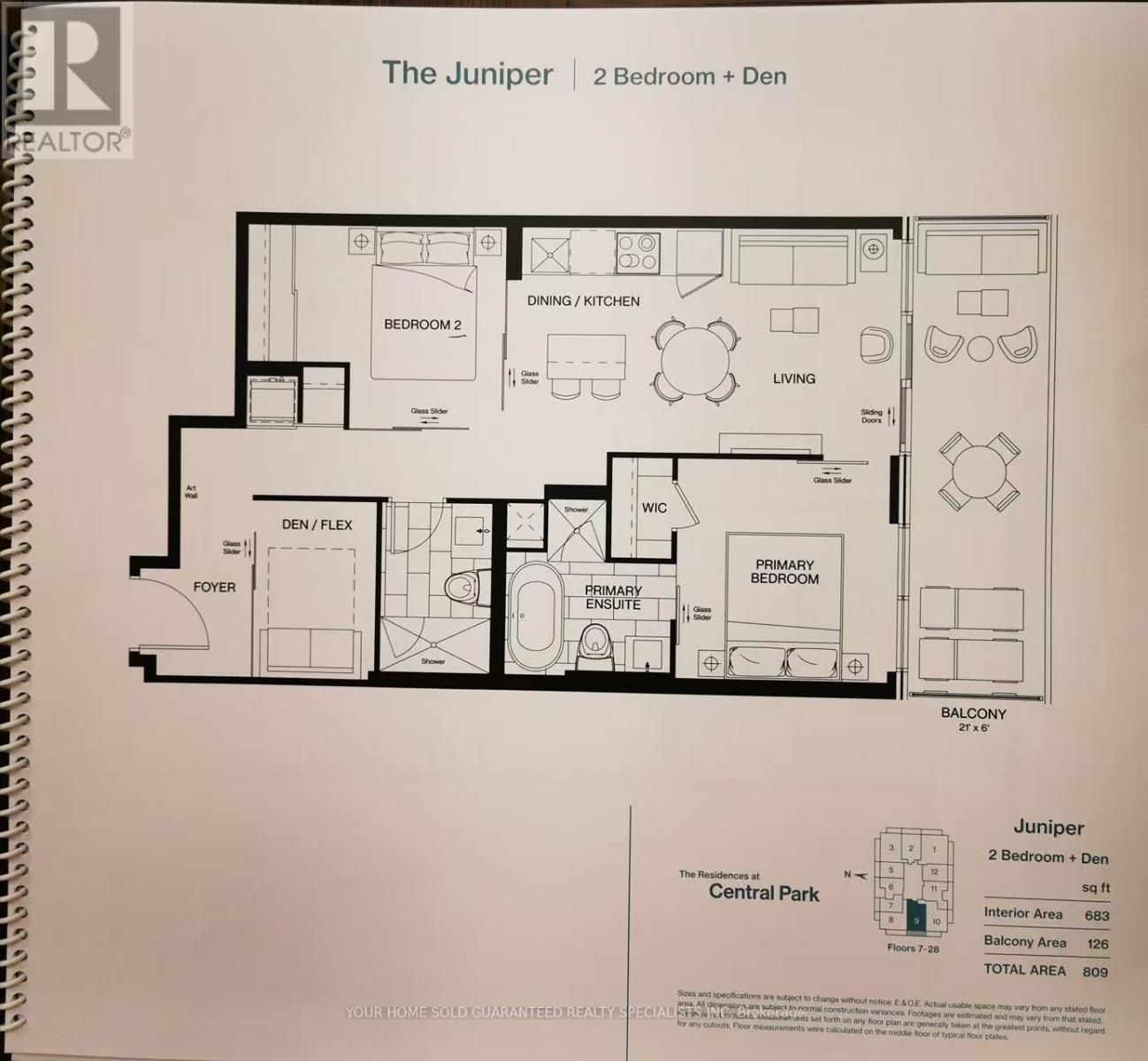 A floor plan for a 2 bedroom apartment with a den is shown.