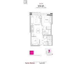 A floor plan for Suite 05 at 576 SF, featuring one bedroom and two baths.