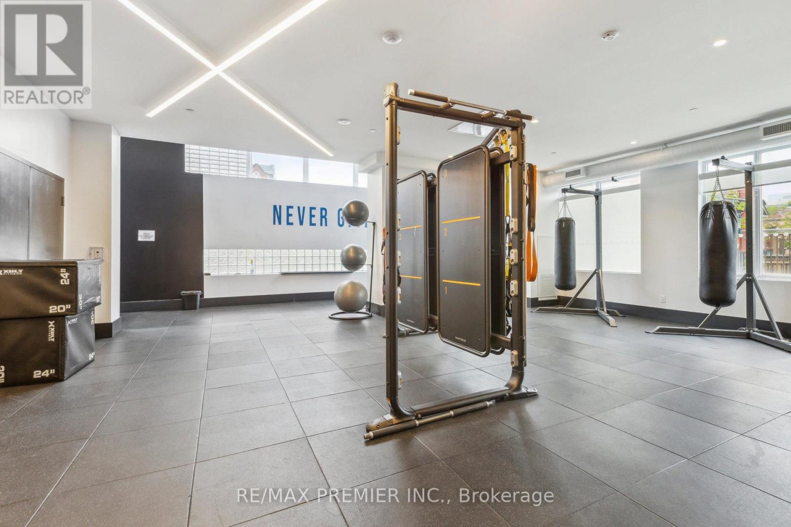 A gym with a squat rack, punching bag and a ball.