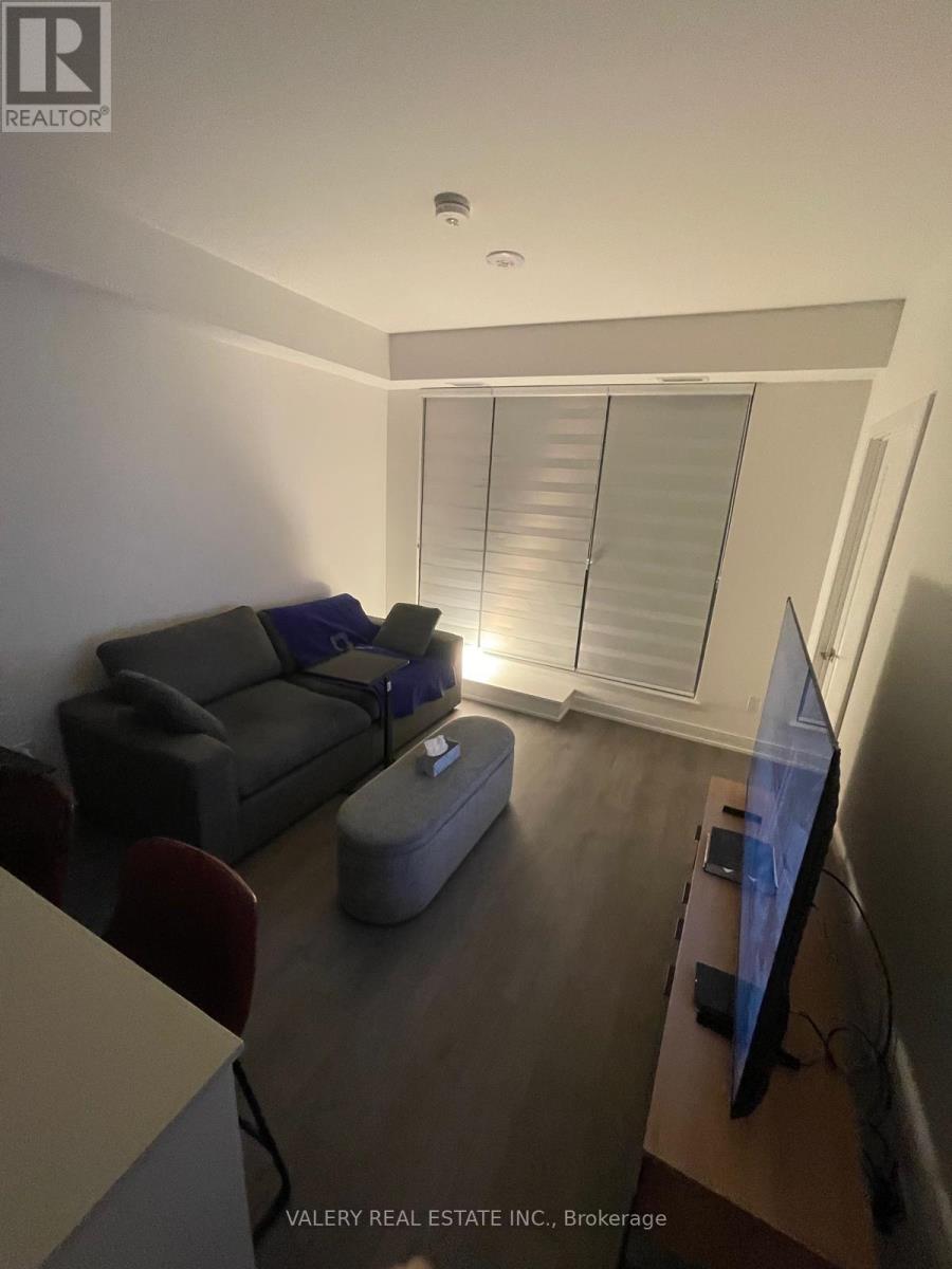 A living room with a grey couch, a television, and a window with blinds.