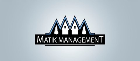 The image is a logo for Matik Management, featuring a stylized mountain range with houses on top.