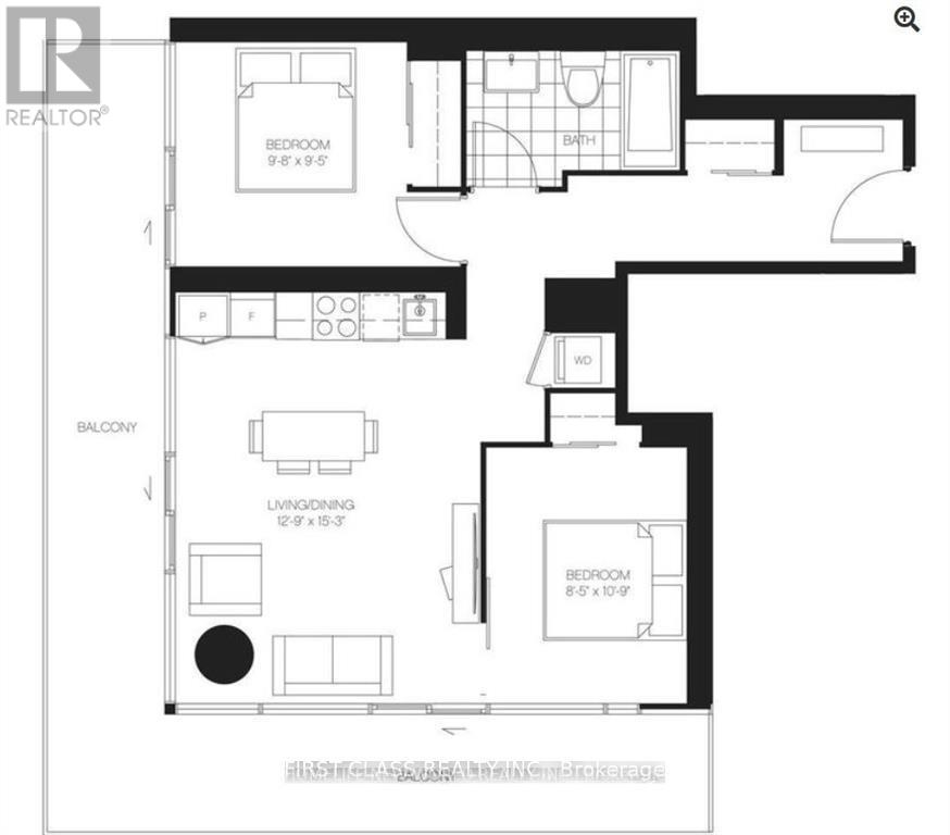 A black and white floor plan of a house with a balcony and two bedrooms.
