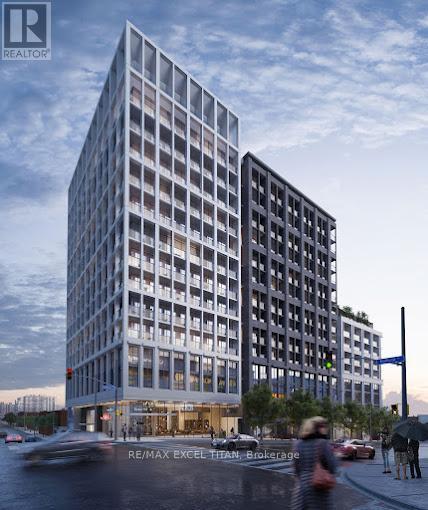 A tall building with many windows is being advertised by RE/MAX Excel.
