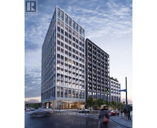 A tall building with many windows is being advertised by RE/MAX Excel.