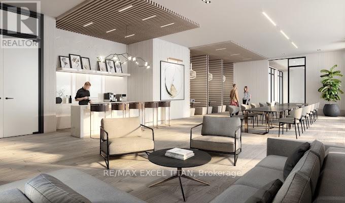 A modern living room with a realtor's office in the background.