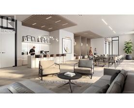 A modern living room with a realtor's office in the background.