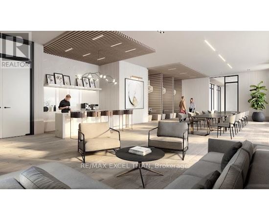 A modern living room with a realtor's office in the background.