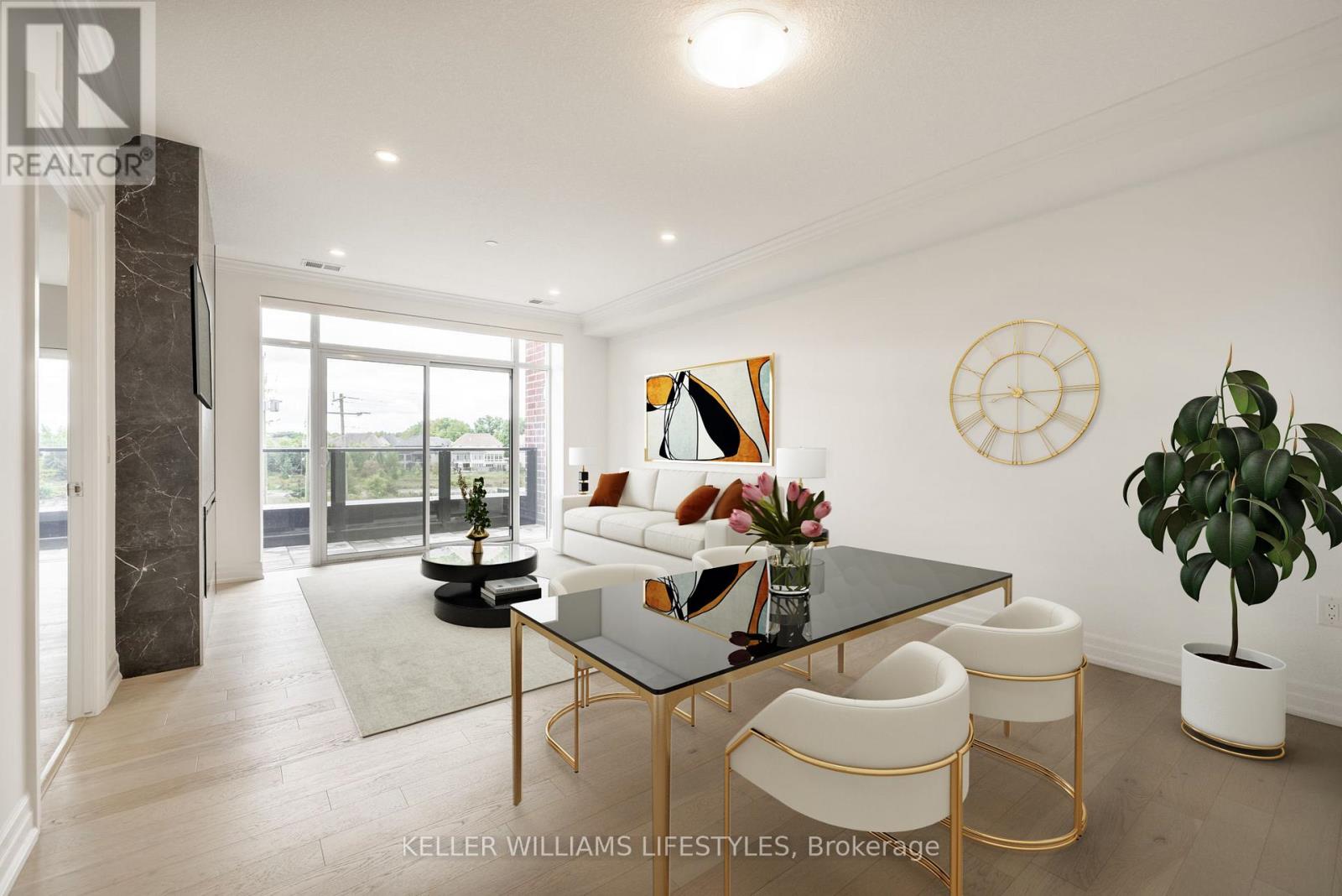 A modern living room with a glass table and white chairs.