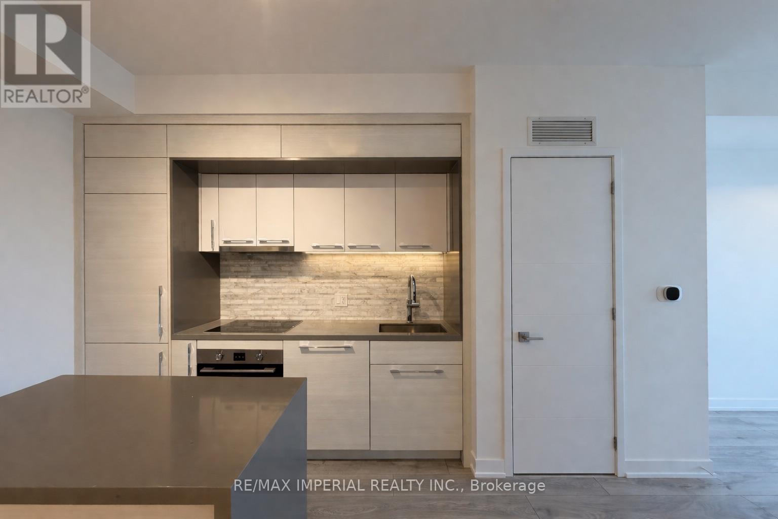 A modern kitchen with a countertop and cabinets.