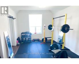 A gym room with a squat rack, weights and a bench.