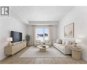 A living room with a flat screen TV, a sofa, a coffee table, and a large window with a view of the city.