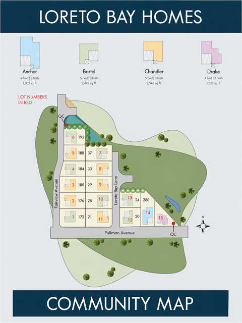 A community map of Loreto Bay Homes showing the layout of the neighborhood and the location of the homes.