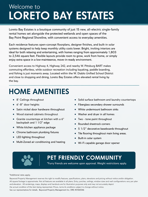 A flyer for Loreto Bay Estates, a community of 15 new homes with a pet-friendly policy.
